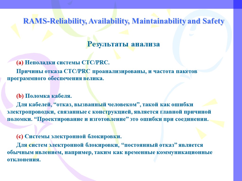 RAMS-Reliability, Availability, Maintainability and Safety Результаты анализа (a) Неполадки системы CTC/PRC. Причины отказа CTC/PRC